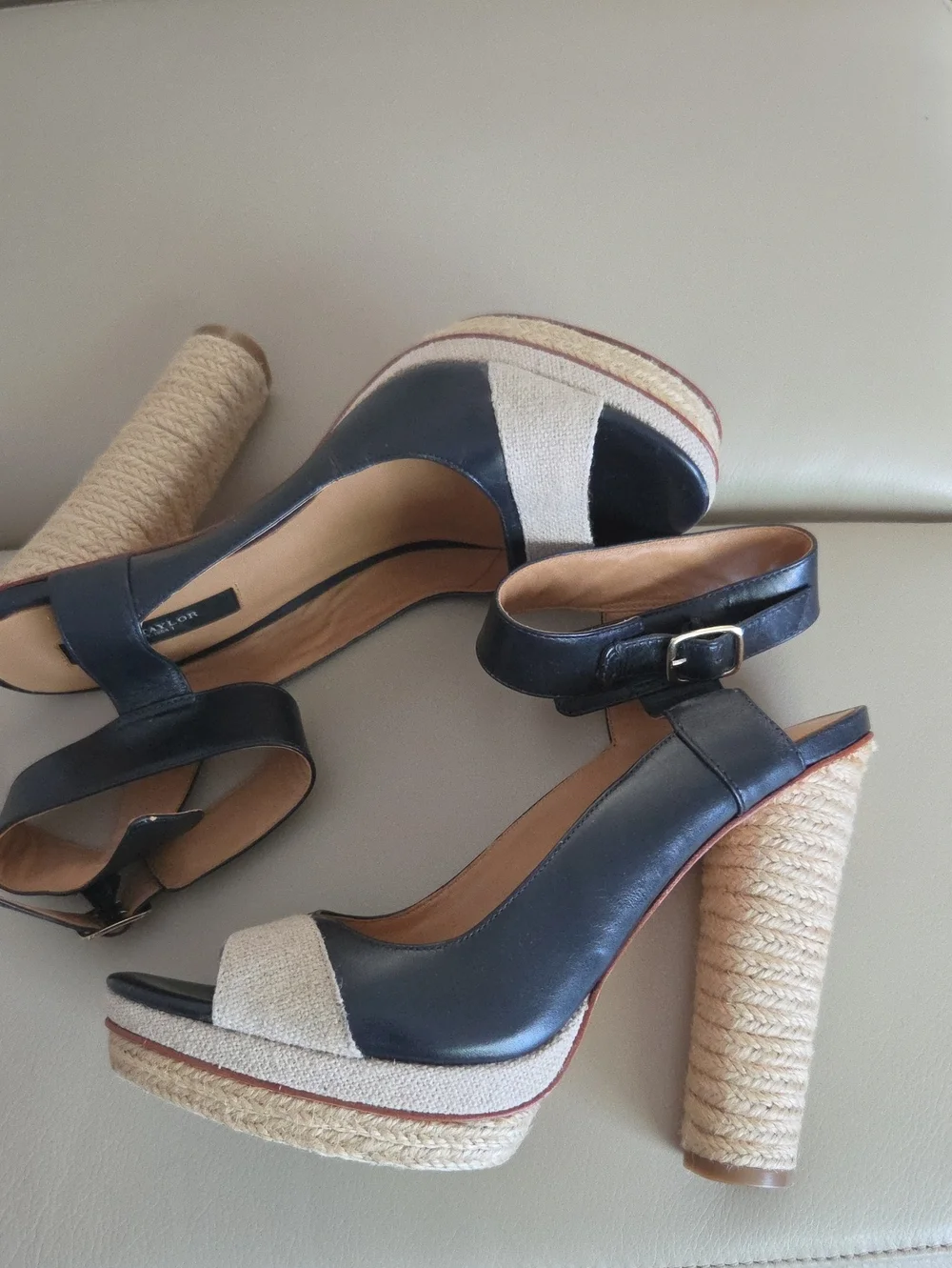 Ann Taylor Blue / Beige Leather and Natural Rope Platform Slingbacks Size 8M